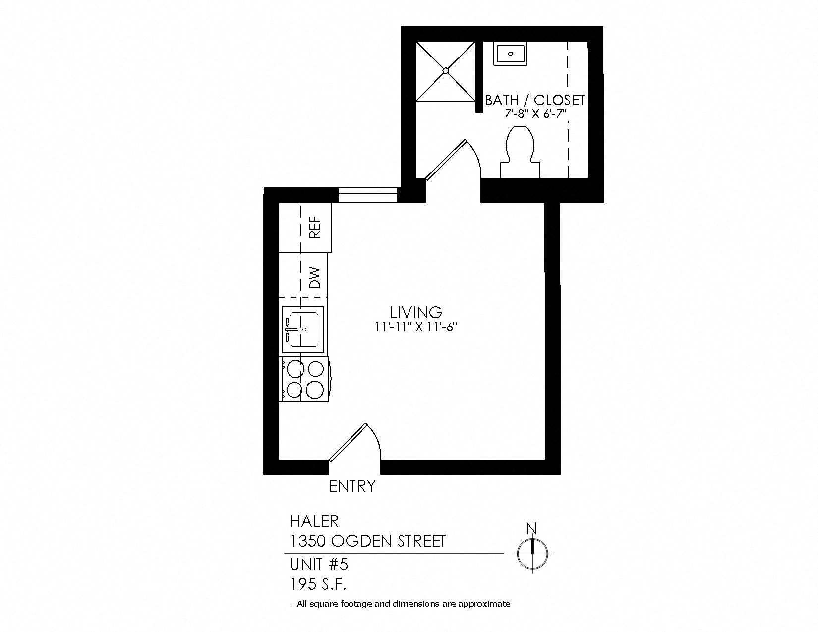 Floor plan for studio, 1 bath, 195 sqft
